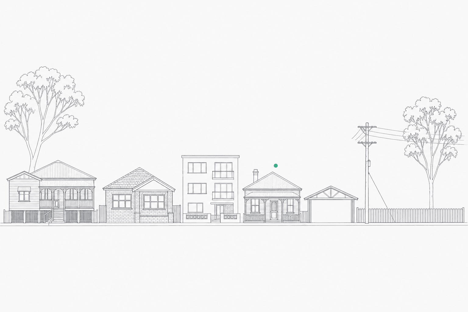 Line drawing of a row of Australian suburban houses along one street.